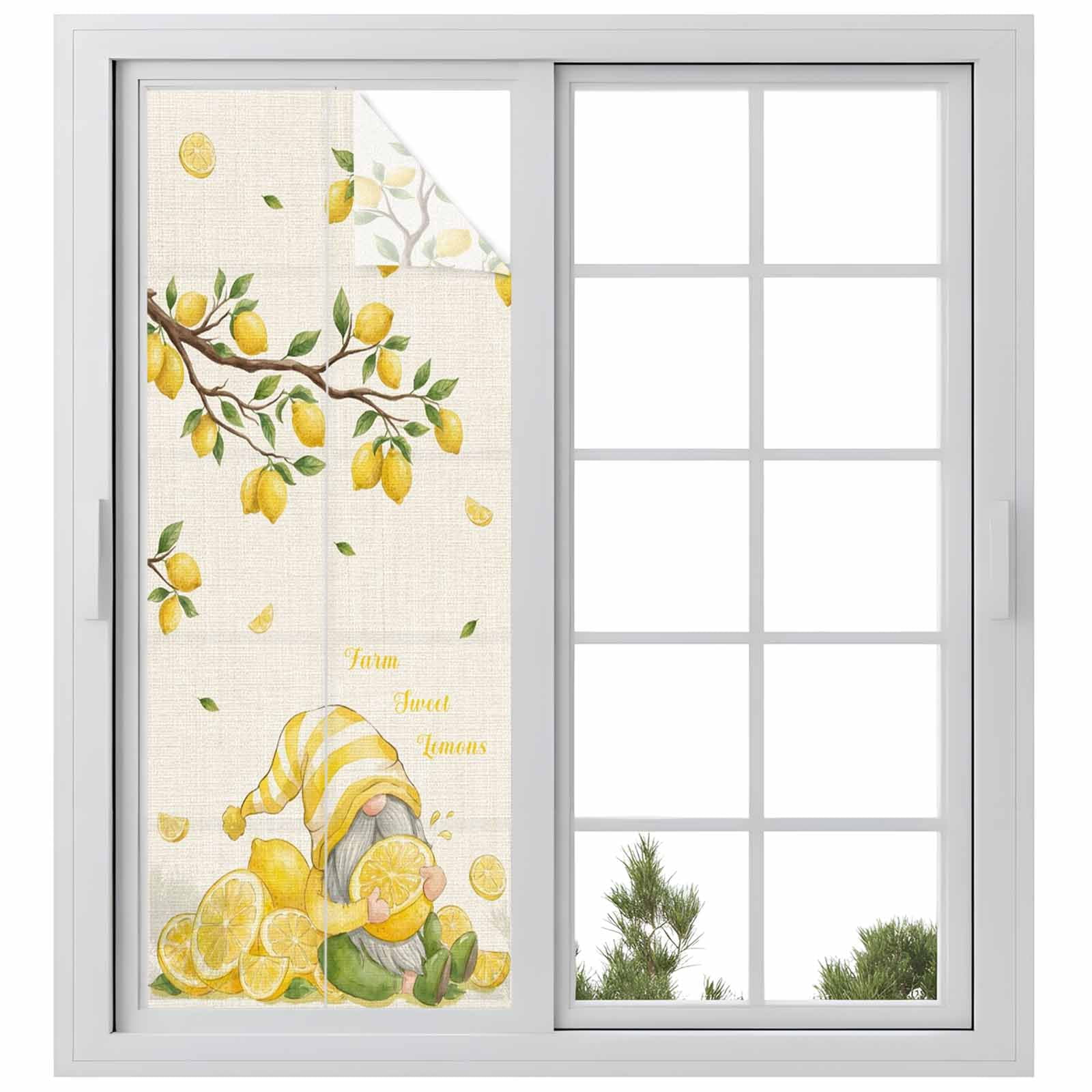 Summer Vintage Gnome Lemon Window Privacy Film, Country Farm Yellow Lemon Tree Leaf Frosted Glass Window Clings Static Cling UV Heat Blocking Reusable Door Sticker for Bathroom 23.6 x 59 Inch