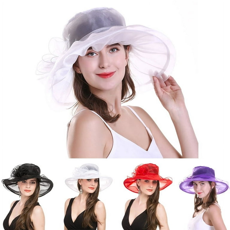 Summer Vintage Hats for Women Elegant Organza Wide Brim Flowe Ladies  Kentucky Derby Party Wedding Church Fedora Hat,White
