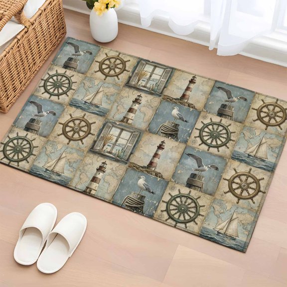 Summer Vintage Ocean 2'x3' Rug for Entryway Front Door Kitchen Sink Area, Retro Nautical Compass Seagull Lighthouse Sailboat Low Pile Non Slip Rectangle Area Rug, Machine Washable Indoor Outdoor Mat