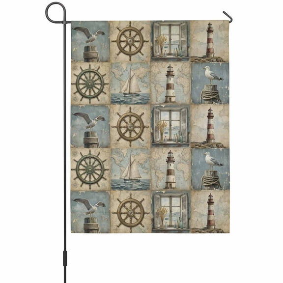 Summer Vintage Ocean Garden Flag 12 x 18 Inches, Retro Nautical Compass Seagull Lighthouse Sailboat Weather Proof Outdoor Patio Flags Double Sided Small Garden Decoration for Yard Outside Home