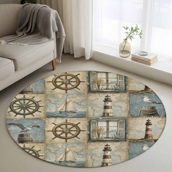 Summer Vintage Ocean Round Rugs for Living Room 3ft Retro Nautical Compass Seagull Lighthouse Sailboat Non Slip Circle Rug Washable Low-Profile Indoor Carpet for Bedroom, Dining Room, Bathroom