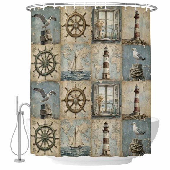 Summer Vintage Ocean Shower Curtain, 36"x72", Retro Nautical Compass Seagull Lighthouse Sailboat Waterproof Bathroom Curtain Washable Shower Curtain Set with 12 Hooks
