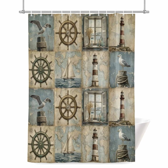 Summer Vintage Ocean Shower Curtain, Retro Nautical Compass Seagull Lighthouse Sailboat Waterproof Shower Curtain Set with 12 Hooks Lightweight Bath Curtains Fabric Bathroom Decor 36x72 Inches
