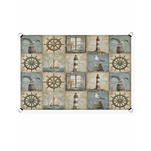 Summer Vintage Ocean Sun Shade Sail 12'X16' Retro Nautical Compass Seagull Lighthouse Sailboat UV Block Outdoor Sail Shades Breathable Waterproof Rectangular Sunshade for Patio Garden Pool Porch