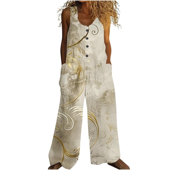 Summer Vintage Rompers for Women 2026 Trendy Printed Scoop Neck Sleeveless Wide Leg Button Baggy Pockets Pullover Jumpsuit Beige S-2XL