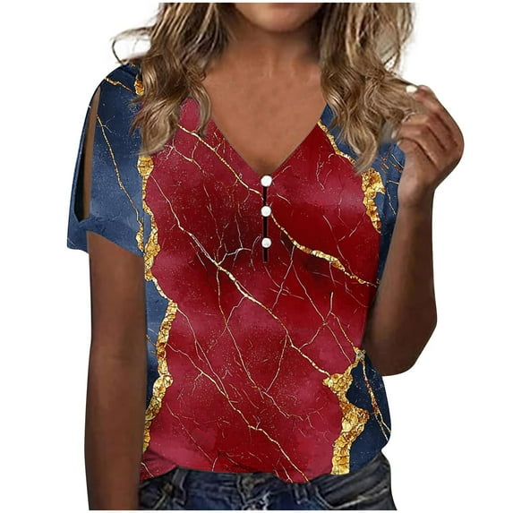 Summer Vintage T-Shirts For Women Cropped Short Sleeve Tops V Neck Tees Printed Tee Shirts Front Button Tunic Tops Relaxed Fit Dressy Shirts Formal Trendy Tunics Blouses Going Out Outfits