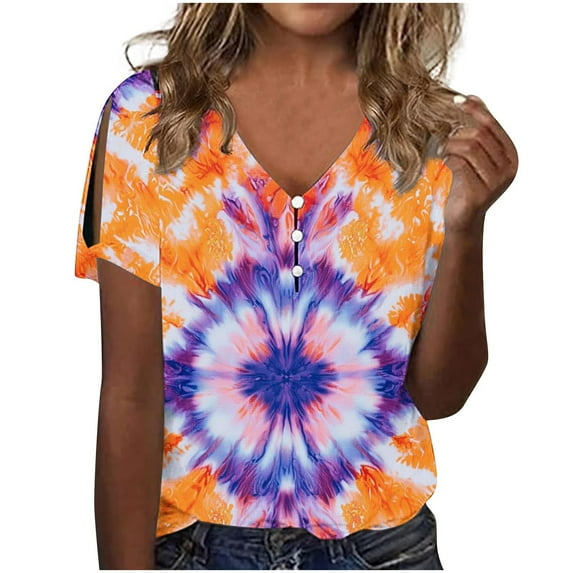 Summer Vintage T-Shirts For Women Cropped Short Sleeve Tops V Neck Tees Printed Tee Shirts Front Button Tunic Tops Relaxed Fit Dressy Shirts Formal Trendy Tunics Blouses Going Out Outfits