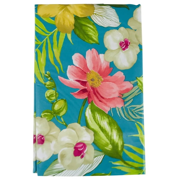 Summer Vinyl Tablecloth: Beautiful Tropical Flowers on Aqua Blue Background 52" x 52" Inch