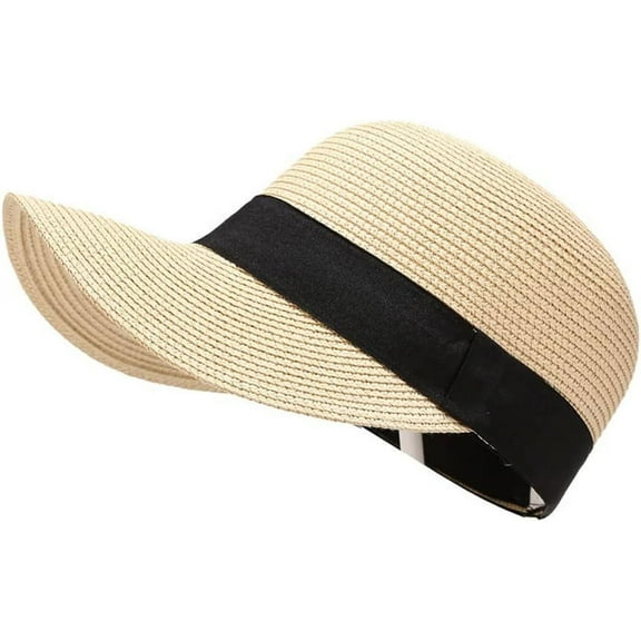 Summer Visor Hats for Women Foldable Floppy Solid Color Straw Sun Hat Travel Beach Baseball Cap