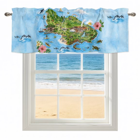 Summer Volcano Island Valances for Windows, Rod Pocket Kitchen Valance Curtains - Soft & Washable Small Window Treatment for Living Room, Bathroom, Tropical Coastal Whale 42x12inch, 1 Panel