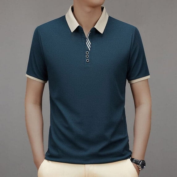 Summer Waffle Contrast Color Men's Fashion Casual Polo Shirt