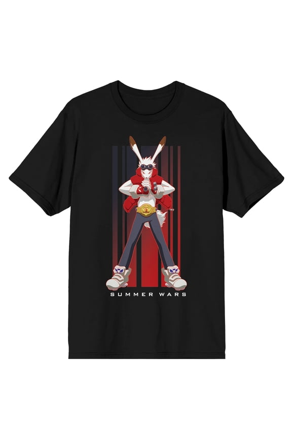 Summer Wars King Kazuma Character Poses Crew Neck Short Sleeve Men's Black T-shirt-XL