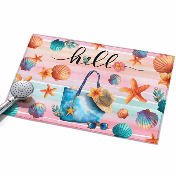 Summer Washable Area Rug 2 x 3 ft Beach Bag Seashell Starfish Sunglasses Colorful Strip, Soft Non Slip Rugs Stain Repellent Indoor Felt Carpet for Living Dining Room Bedroom Home Office