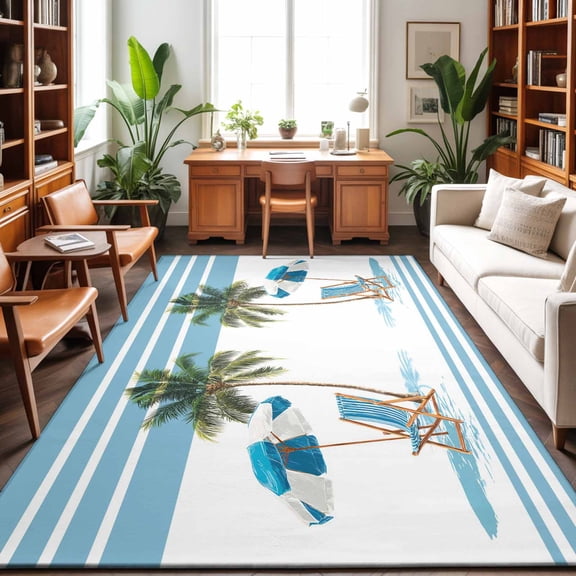 Summer Washable Area Rug 9 x 12 ft Beach Scene Sun Umbrella Palm Trees Blue Stripes Modern, Soft Non Slip Rugs Stain Repellent Indoor Felt Carpet for Living Dining Room Bedroom Home Office