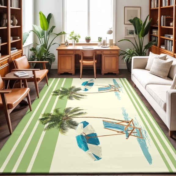 Summer Washable Area Rug 9 x 12 ft Beach Scene Sun Umbrella Palm Trees Green Yellow Stripe, Soft Non Slip Rugs Stain Repellent Indoor Felt Carpet for Living Dining Room Bedroom Home Office