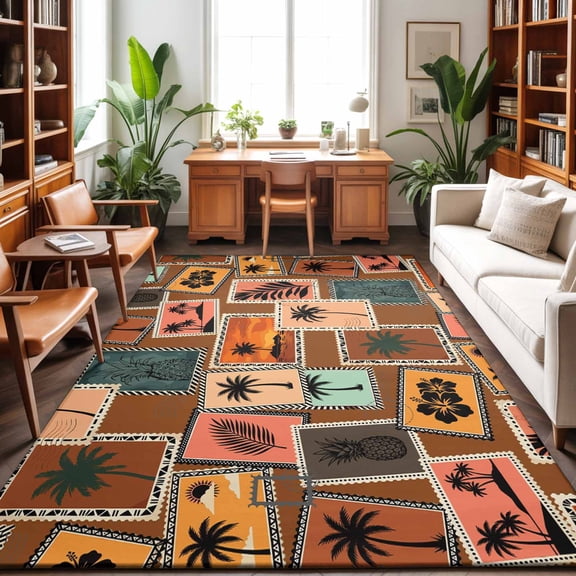 Summer Washable Area Rug 9 x 12 ft Holiday Vacation Pineapple Tropical Trees Travel Stamp, Soft Non Slip Rugs Stain Repellent Indoor Felt Carpet for Living Dining Room Bedroom Home Office