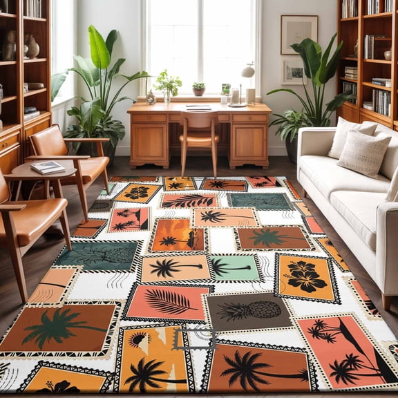 Summer Washable Area Rug 9 x 12 ft Holiday Vacation Travel Stamp Tropical Trees Pineapple, Soft Non Slip Rugs Stain Repellent Indoor Felt Carpet for Living Dining Room Bedroom Home Office