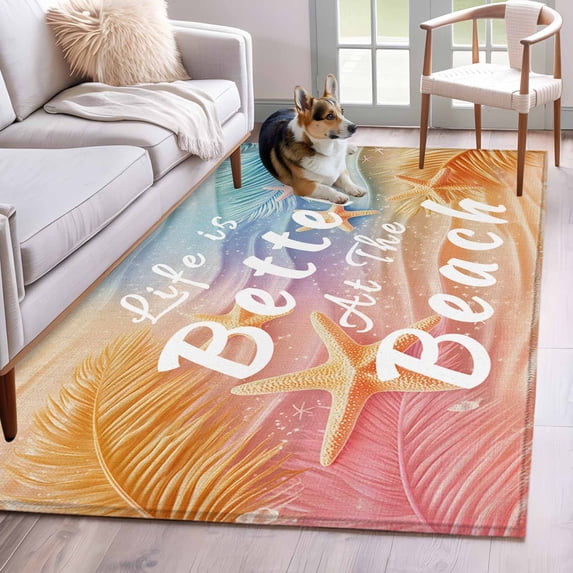 Summer Washable Area Rugs 3'x5', Life Is Better At The Beach Yellow Starfish Plant Low Pile Throw Living Room Rug Non-Slip Sturdy Edge Binding Carpet for Indoor Entryway Bedside Kitchen