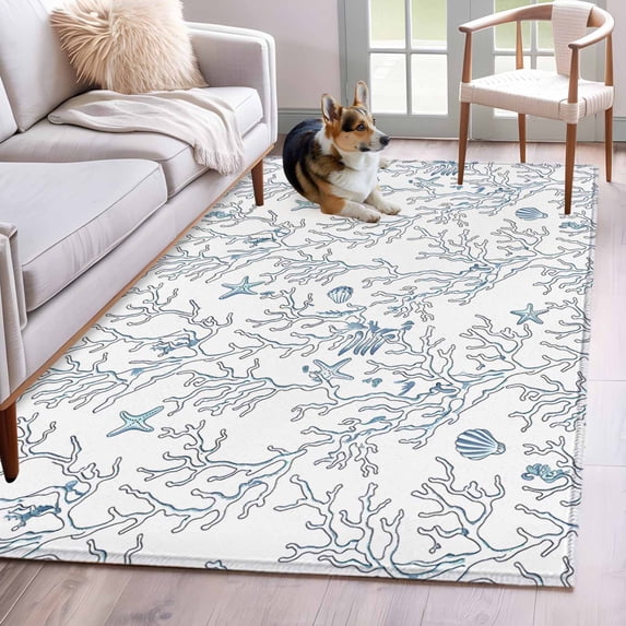 Summer Washable Area Rugs 4'x6', Retro Ocean Shell Starfish Conch Coral Low Pile Throw Living Room Rug Non-Slip Sturdy Edge Binding Carpet for Indoor Entryway Bedside Kitchen