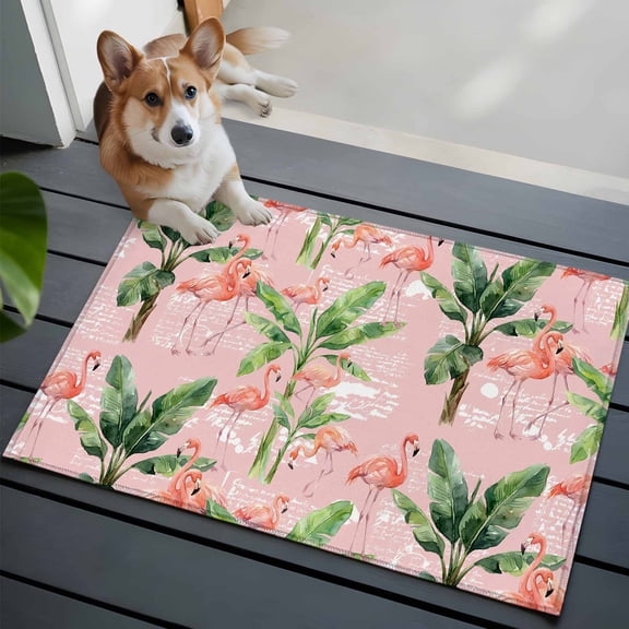 Summer Washable Entry Rug 2x3 Tropical Flamingos Palm Leaves Pink Letter Texture Low Pile Indoor Door Mat with Rubber Backing Thin Area Rug for for Entrance, Bedroom, Kitchen, Laundry, Bathroom