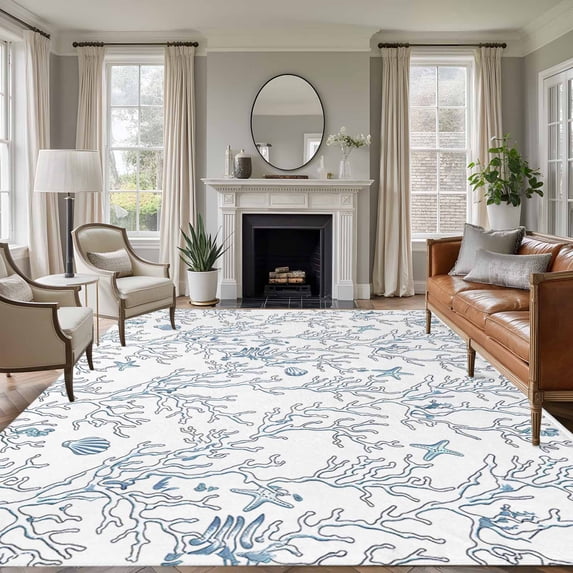 Summer Washable Living Room Rugs 5'x7', Retro Ocean Shell Starfish Conch Coral Low Pile Throw Large Area Rugs Non-Slip Sturdy Edge Binding Carpet for Dining Room Bedside Kitchen
