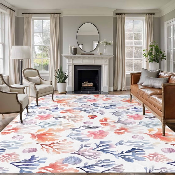 Summer Washable Living Room Rugs 6'x9', Retro Red Blue Watercolor Ocean Coral Fish Low Pile Throw Large Area Rug Non-Slip Sturdy Edge Binding Carpet for Dining Room Kitchen Office