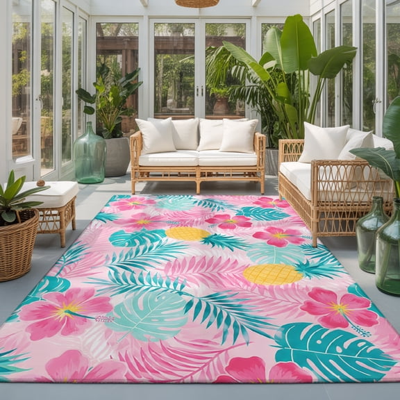 Summer Washable Living Room Rugs 8'x10', Tropical Pineapple Hibiscus Palm Leaf Pink Green Washable Throw Large Area Rug Non-Slip Sturdy Edge Binding Carpet for Bedroom Dining Room Office