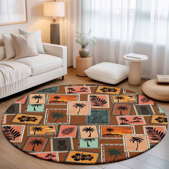 Summer Washable Round Area Rug 3 ft, Holiday Vacation Pineapple Tropical Trees Travel Stamp, Soft Non Slip Rugs Stain Repellent Indoor Felt Carpet for Living Dining Room Bedroom Home Office