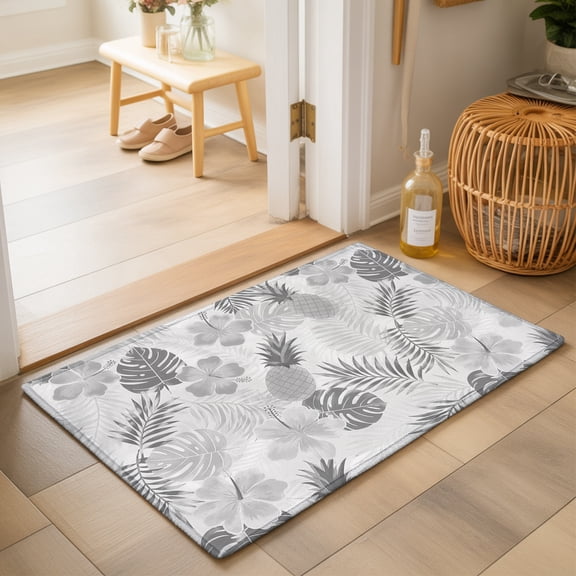 Summer Washable Small Entryway Area Rugs 2'x3', Tropical Pineapple Hibiscus Palm Leaf Gray Washable Throw Rug Non-Slip Sturdy Edge Binding Carpet for Front Door Floor Room Entry