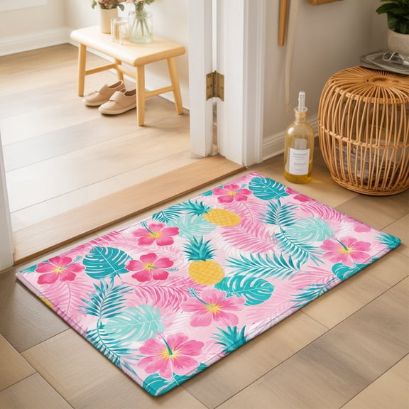 Summer Washable Small Entryway Area Rugs 2'x3', Tropical Pineapple Hibiscus Palm Leaf Pink Green Washable Throw Rug Non-Slip Sturdy Edge Binding Carpet for Front Door Floor Room Entry
