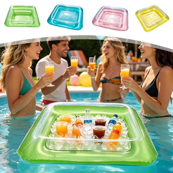 Summer Water Entertainment Floating Ice Bar, Buoyant Fruit Beverage Tray with Cup Holders, Portable Thickened PVC Inflatable Float, Perfect for Pool Party Beach Outdoor Water Activities, C-Green