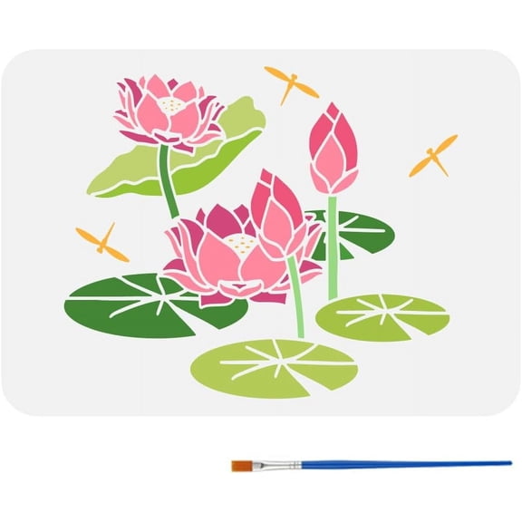 Summer Water Lilies Painting Stencil with Paint Brush 8.3x11.7" Lotus Spraying Stencil Lotus Pond with Dragonfly Drawing Stencil Summer Theme Wall Huge Template