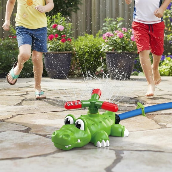 Summer Water Sprinkler Toy - 2 in 1 Swinging and Rotating Spray Set, Garden Hose Attachment for Backyard Outdoor Play, Green Gator Design