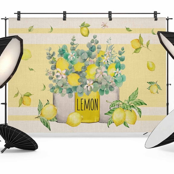 Summer Watercolor Backdrop for Photography, Lemon with Eucalyptus Leaves Photo Backdrop Portrait Background Party Banner Photo Backgrounds for Studio Booth Props, 7x5ft