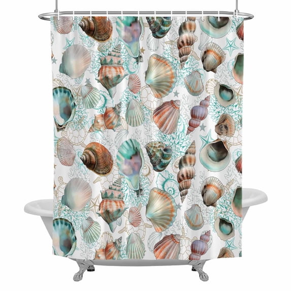 Summer Watercolor Bathroom Shower Curtain, Blue Ocean Seashell Waterproof Washable Soft Bath Curtain for Bathtub Decor with 12 Hooks&Grommet, 60x72 Inch
