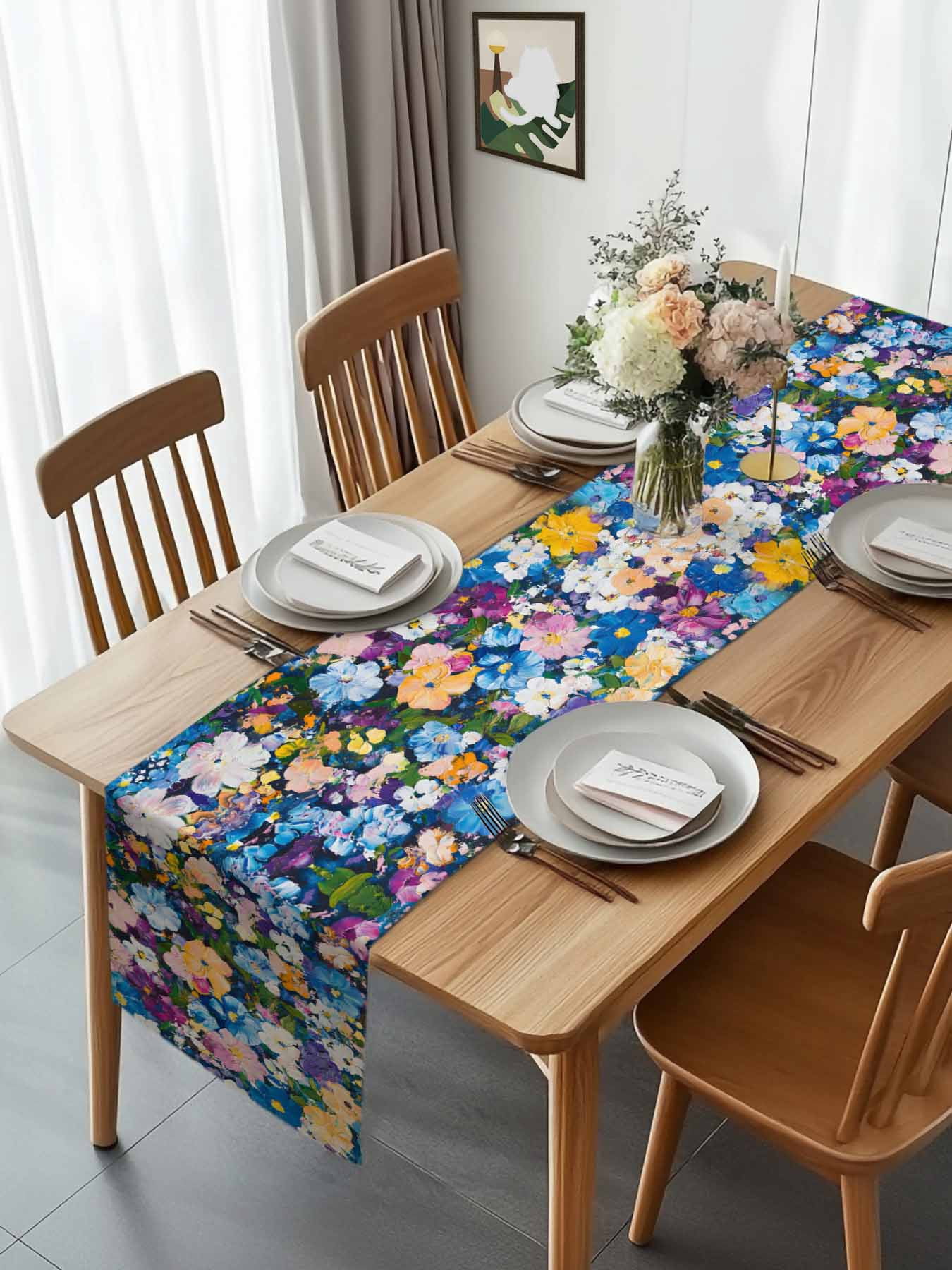 Summer Watercolor Flower Seamless Table Runner 90 Inches Long, Oil Painting Style Table Runners Tabletop Scarf Kitchen Dining Tables Decoration for Home Party Indoor Outdoor