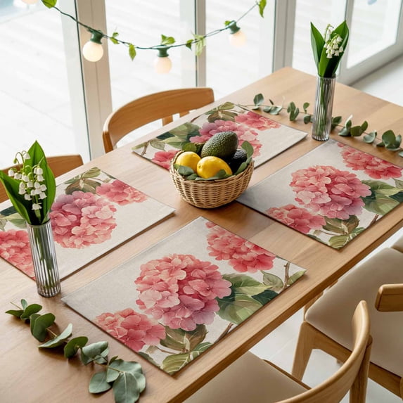 Summer Watercolor Hydrangea Leaf Placemats Set of 4,Wipeable Washable Table Mats for Dining Tables, Pastoral Floral Retro Linen Place Mats for Kitchen Event Party Tabletop Decor