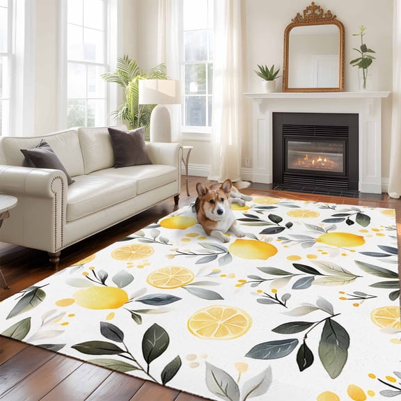 Summer Watercolor Large Area Rugs 6x9 ft Lemon Slice Eucalyptus Leaf Fruit Washable Rug Non Slip Indoor Carpet Absorbent Floor Mat for Living Room Bedroom Dining Room