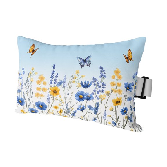 Summer Watercolor Lavender Flower Butterfly Outdoor Pillow for Chaise Lounge Chair,Blue Sky Waterproof Headrest Lumbar Pillows with Insert&Elastic Strap for Patio Pool Garden Chairs Decor,1 Pack