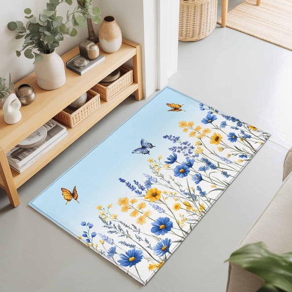 Summer Watercolor Lavender Flower Butterfly Rectangle Rug 2'x3' Blue Sky Washable Area Rugs for Living Room Bedroom Entryway Non Slip Entrance Door Mat Indoor Floor Carpet
