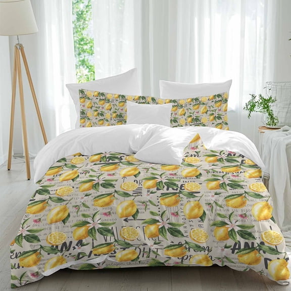 Summer Watercolor Lemon Queen Size Comforter Set, Fruit Leaf Vintage LetterTexture Bedding for All Seasons, 4 Pcs Bed Set, 1Quiltcover (90"x92") ,1Sheet(94"x116"), 2Pillowcases (30"x20")