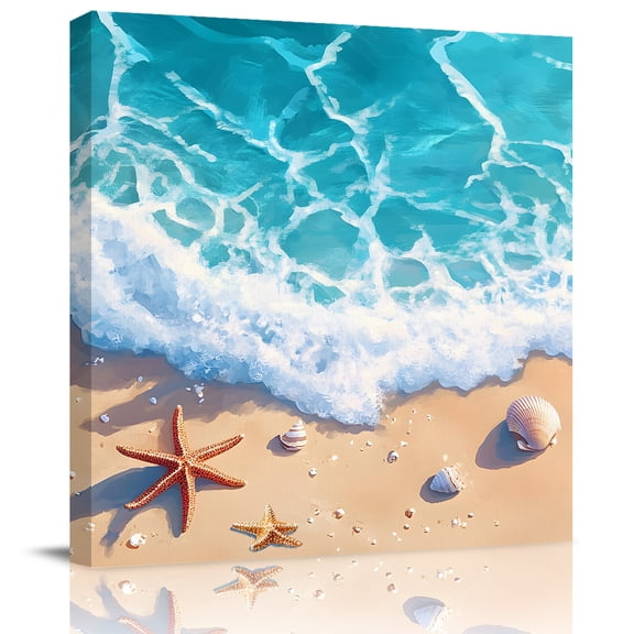 Summer Watercolor Ocean Beach Canvas Artwork Painting Art, Marine Starfish Shell Spray Square Framed Wall Decorations Prints Picture for Bedroom Kitchen Living Room, 16x16 in