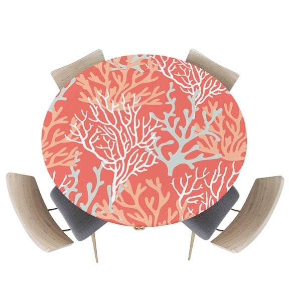 Summer Watercolor Ocean Coral Fitted Round Tablecloths Elastic Edged Table Covers 36"-44",Marine Life on Tangerine Waterproof Dining Room Kitchen Table Cloth for Holiday Party Tables Decor
