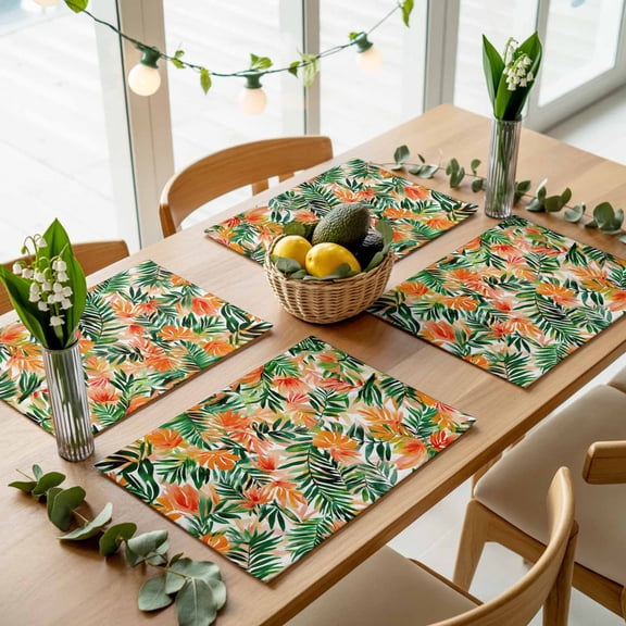 Summer Watercolor Palm Leaves Placemats Set of 4,Wipeable Washable Table Mats for Dining Tables, Tropical Rustic Leaf Plants Place Mats for Kitchen Event Party Tabletop Decor