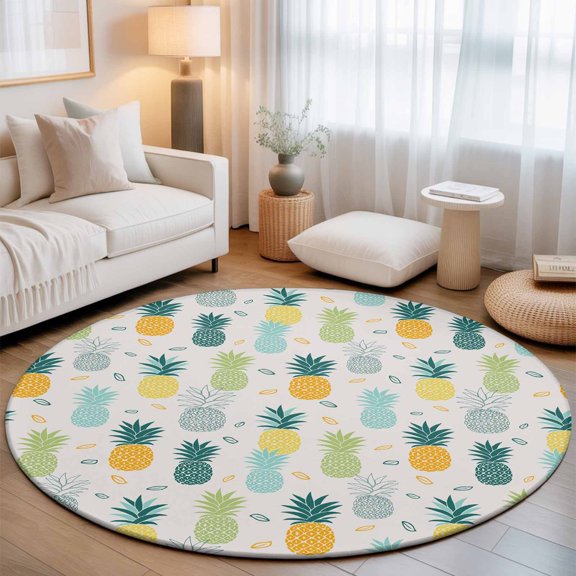 Summer Watercolor Pineapple Round Rug 5ft Abstract Farm Fruit Washable Area Rugs for Living Room Bedroom Entryway Non Slip Entrance Door Mat Indoor Floor Carpet