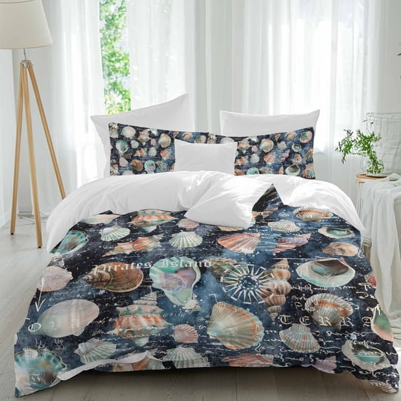 Summer Watercolor Queen Size Comforter Set, Ocean Seashell Blue Texture Bedding for All Seasons, 4 Pcs Bed Set, 1Quiltcover (90"x92") ,1Sheet(94"x116"), 2Pillowcases (30"x20")