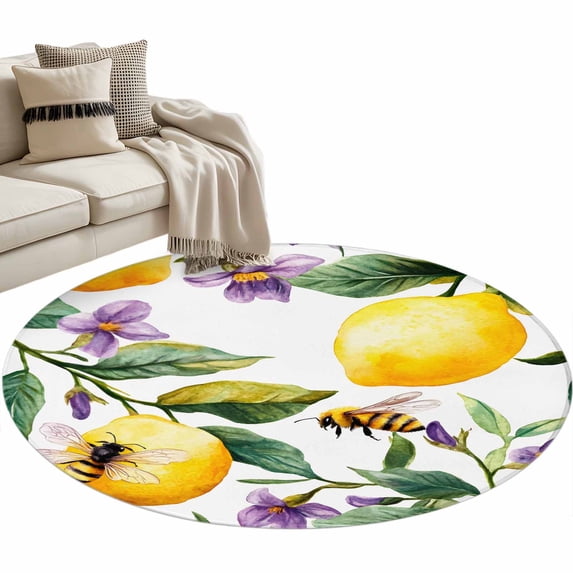 Summer Watercolor Round Area Rug 4ft Lemon Purple Flower Leaf Non-Slip Washable Circle Rugs Soft Felt Indoor Floor Mat for Bedroom Kitchen Living Room Bathroom