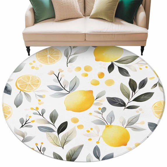 Summer Watercolor Round Area Rug 5ft Lemon Slice Eucalyptus Leaf Fruit Non-Slip Washable Circle Rugs Soft Felt Indoor Floor Mat for Bedroom Kitchen Living Room Bathroom
