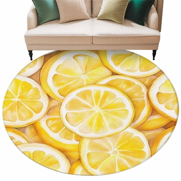 Summer Watercolor Round Area Rug 6ft Lemon Slice Non-Slip Washable Circle Rugs Soft Felt Indoor Floor Mat for Bedroom Kitchen Living Room Bathroom