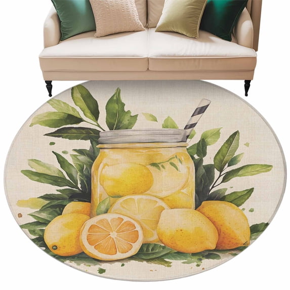 Summer Watercolor Round Area Rug 6ft Lemon Tea Vintage Rustic Linen Non-Slip Washable Circle Rugs Soft Felt Indoor Floor Mat for Bedroom Kitchen Living Room Bathroom